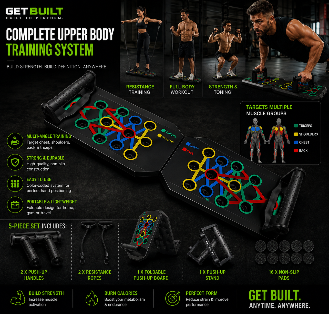 GET BUILT Complete Upper Body Training System with foldable push-up board, handles, resistance ropes and non-slip pads