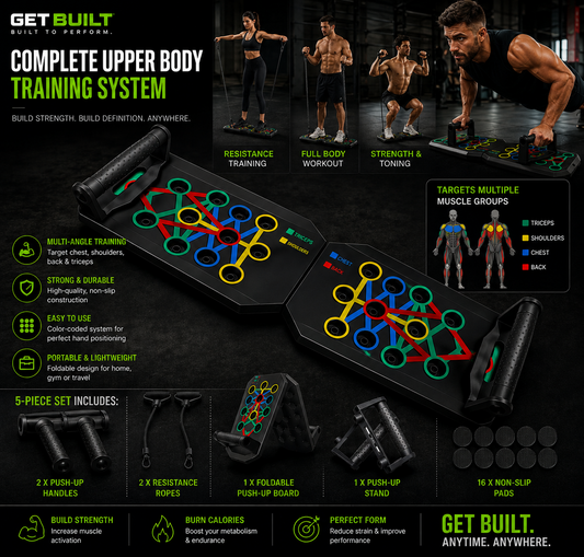 GET BUILT Complete Upper Body Training System with foldable push-up board, handles, resistance ropes and non-slip pads